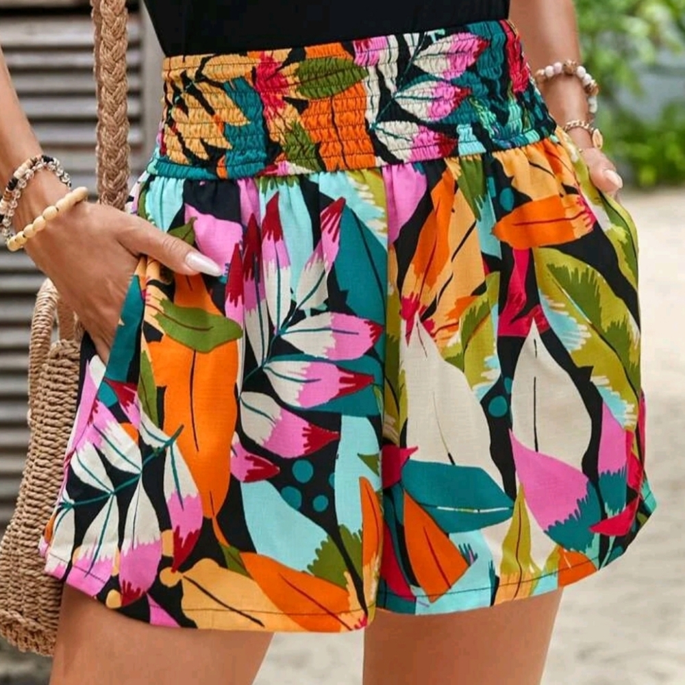 SHEIN VCAY Tropical Print Slant Pocket Paperbag Waist Wide Leg Shorts sz. XL